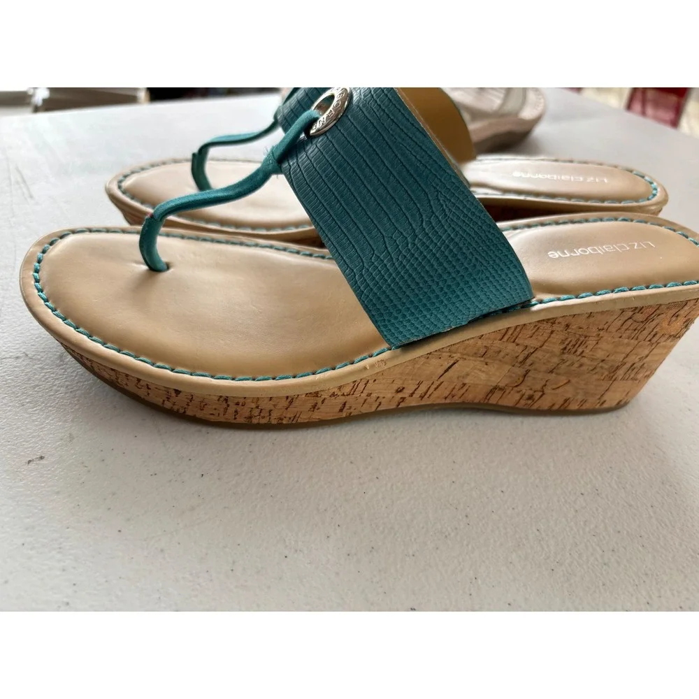 Liz Claiborne LCLIVELY Teal Blue Cork Wedge Thong Sandals Womens 8M